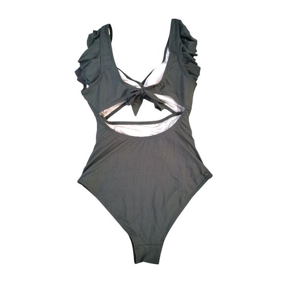 Charmo Green Ruffle Ribbed Pregnancy Cut Out One Piece Swimsuit Large - Picture 8 of 13
